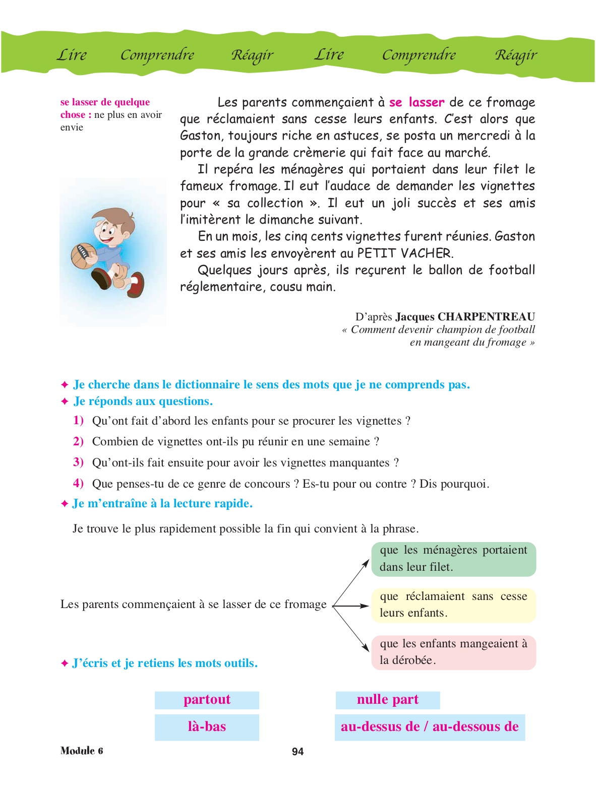 Page 94 du manuel : fin du texte, questions de compréhension et lecture rapide